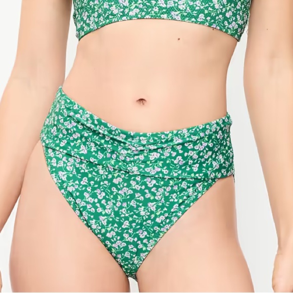 NWT! Old Navy Green Floral High-Waisted Cinched Bikini Swim Bottoms - Small 🌊